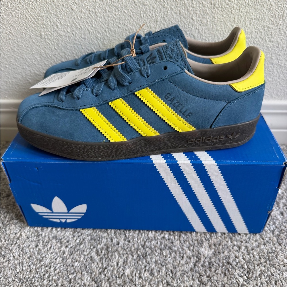 Adidas Gazelle Indoor Pro Suede Sneakers in Teal Blue with Bright Yellow Stripes